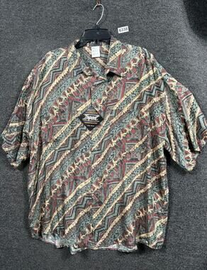 Impact 100% Silk Button-Up Shirt Mens Size XL Short Sleeve Tribal Drum Print NEW